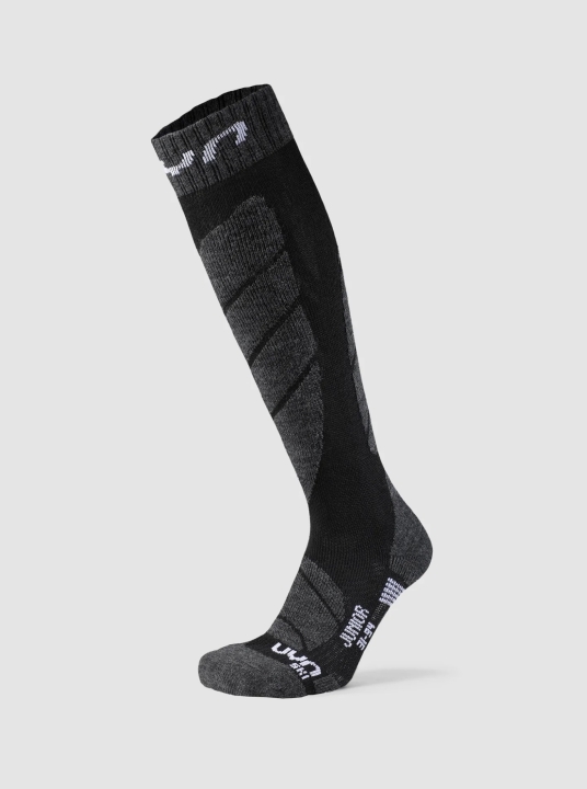 Czarne skarpety narciarskie UYN Junior Ski Socks z technologią Preshock Shield, widoczne z boku.