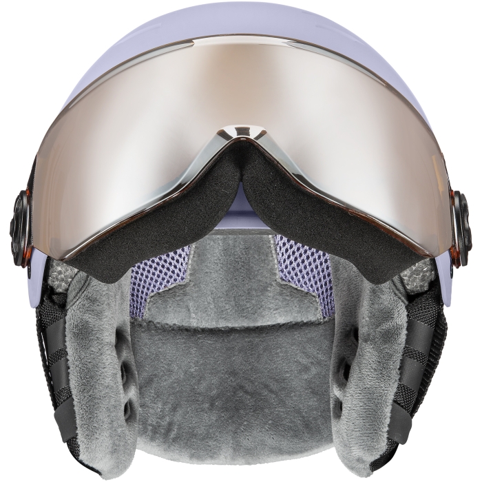 Kask UVEX Rocket jr. Visor z podniesionym wizjerem, widoczna funkcja OTG (dla okularów korekcyjnych).