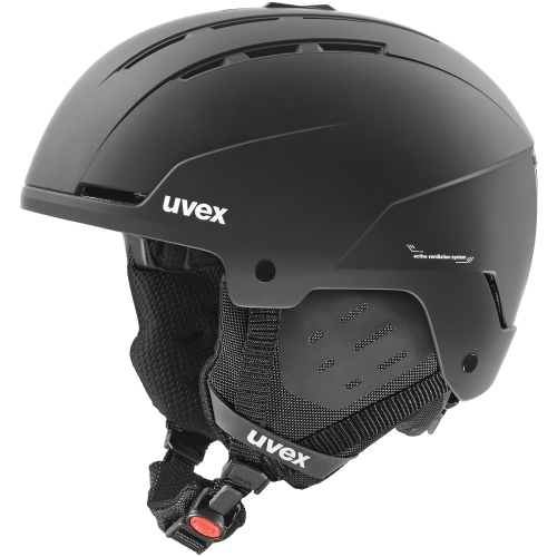 Kask narciarski UVEX Stance matowy czarny, konstrukcja Hardshell, widok boczny.