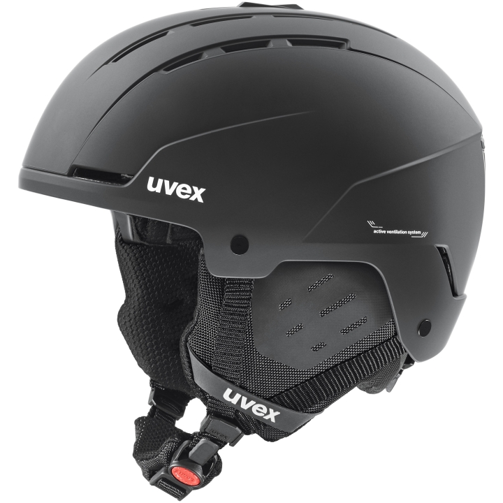 Kask narciarski UVEX Stance matowy czarny, konstrukcja Hardshell, widok boczny.