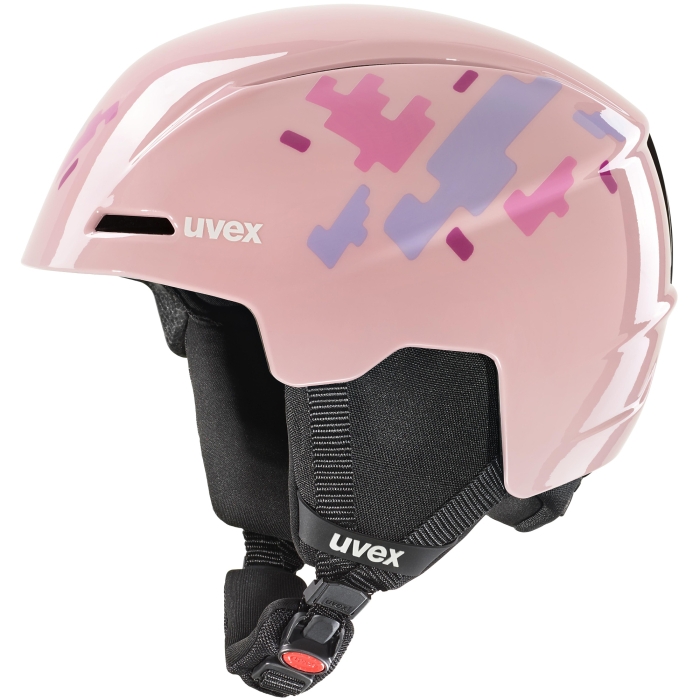 Różowy kask narciarski UVEX Viti dla dziewczynki, widok z boku. Widoczna geometryczna grafika i nauszniki.