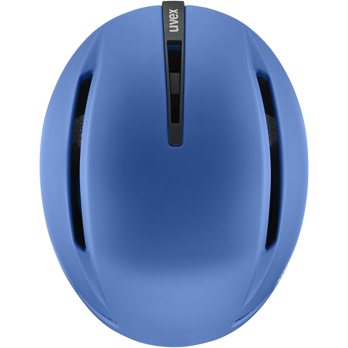 Kask UVEX Viti dziecięcy, matowy niebieski, ujęcie z góry. Widoczne rozmieszczenie pasywnej wentylacji.