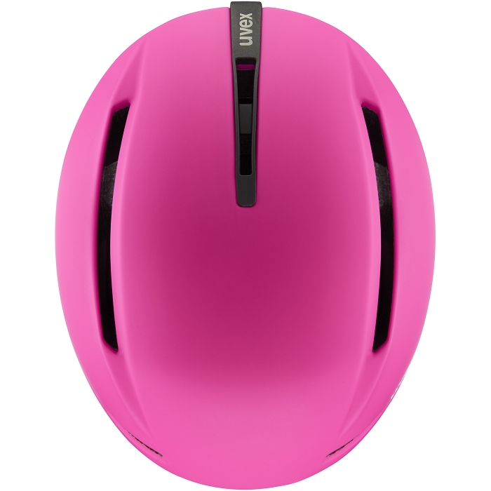 Kask UVEX Viti dziecięcy, różowy mat, ujęcie z góry. Widoczna pasywna wentylacja.
