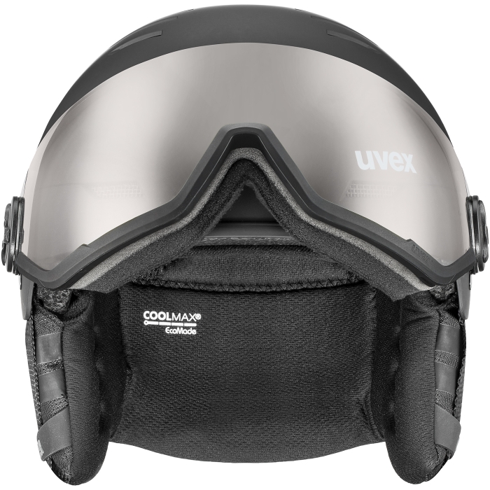 Kask narciarski z wizjerem UVEX Wanted pro V, wizjer Variomatic® podniesiony.