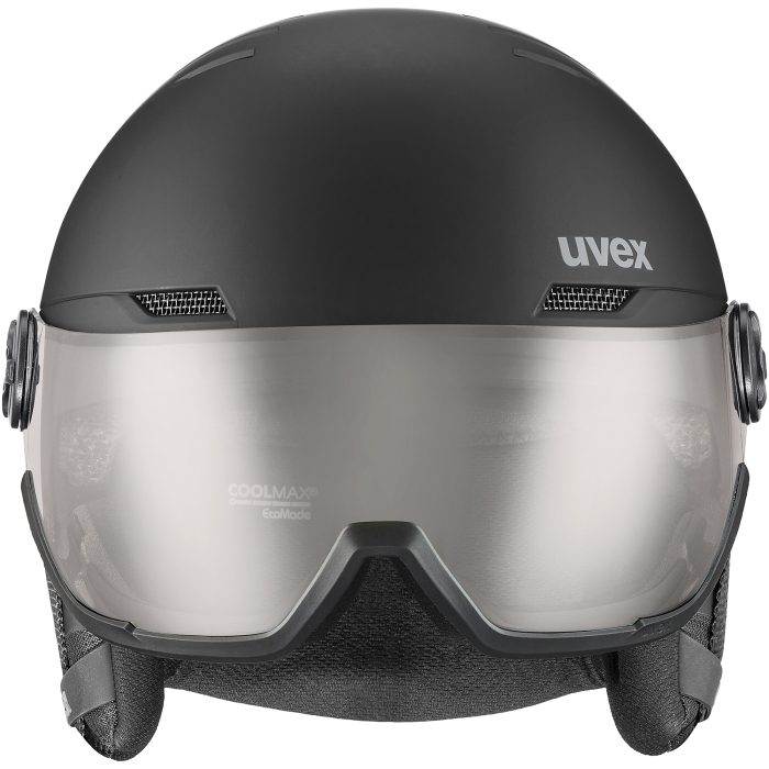 Kask z wizjerem UVEX Wanted pro V, wizjer Variomatic® S1-S3. Widok z przodu.