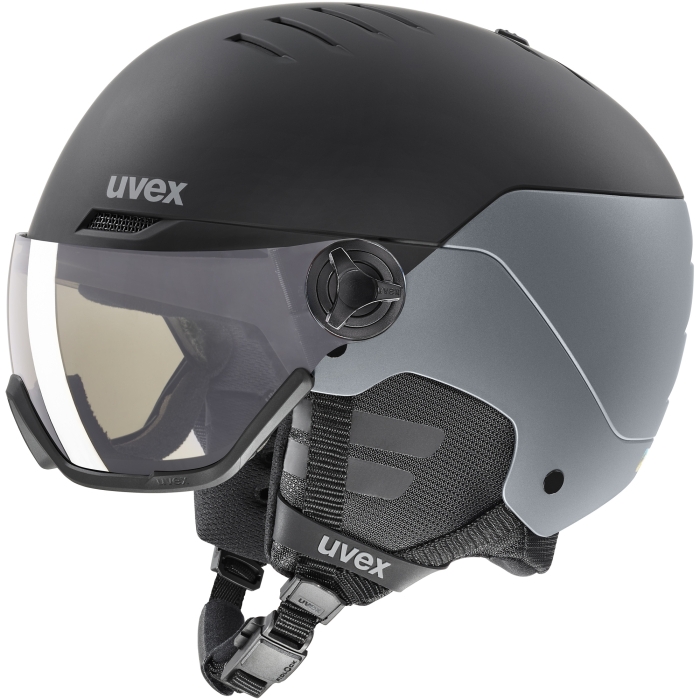 Kask narciarski UVEX Wanted Visor pro V Variomatic szaro-czarny, widok z boku, konstrukcja Hardshell.