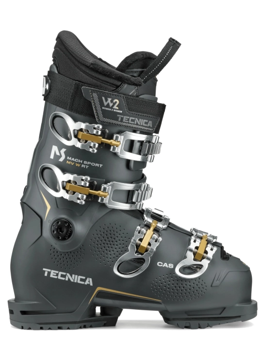 Damski but narciarski TECNICA Mach Sport HV 85 W RT GW, widok z boku. Flex 85, Last 103 mm (HV) dla szerokiej stopy.