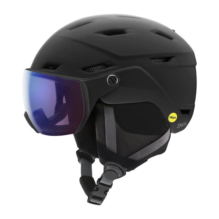 Kask SMITH Survey MIPS (Matte Black) z wizjerem ChromaPop™ PHOTOCHROMIC RED FLASH, widok 3/4. Mips®, Koroyd®, OTG.
