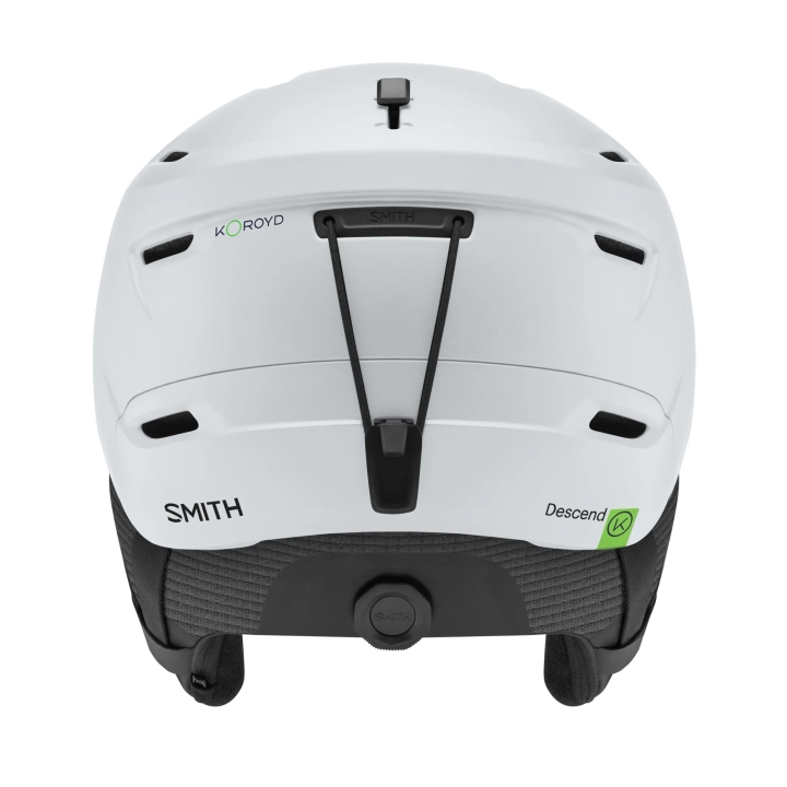 Tył kasku SMITH Descend MIPS (Matte White). Widoczna regulacja dopasowania i uchwyt na pasek gogli.