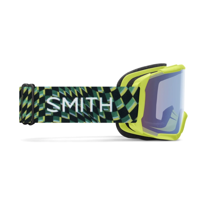 Gogle SMITH Daredevil OTG (Electric Lime), widok z boku. Pasek z silikonowym podkładem, kompatybilność z kaskami.