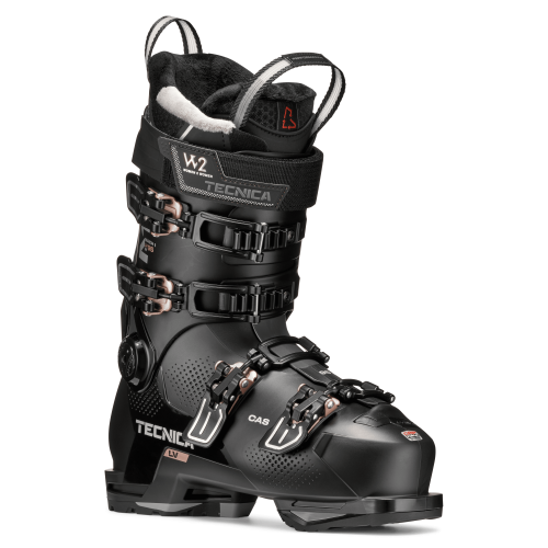 Buty Tecnica Mach1 LV 95 W (Black), widok 3/4 z przodu. 4 klamry z systemem Lift Lock.