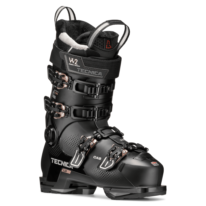 Buty Tecnica Mach1 LV 95 W (Black), widok 3/4 z przodu. 4 klamry z systemem Lift Lock.