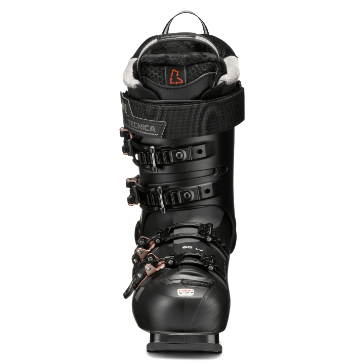 Buty Tecnica Mach1 LV 95 W (Black), widok z przodu. Logo Tecnica, klamry z mikoregulacją.