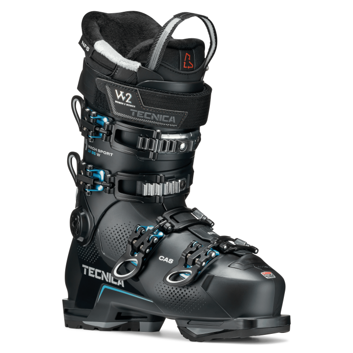 Buty damskie Tecnica Mach Sport LV 85 W (98mm LV), widok 3/4 z przodu. Lift Lock, Double Quick Instep.