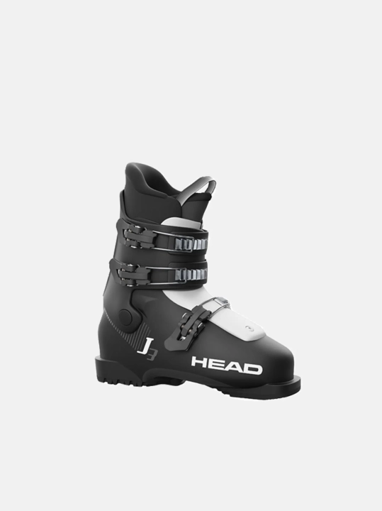 Juniorskie buty narciarskie HEAD J 3 (BLACK/WHITE), widok z boku. Technologia Hi-Top Tech i Duo Flex, dla początkujących.