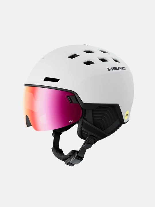 Biały kask narciarski HEAD RADAR 5K MIPS z regulowaną wentylacją i zintegrowanym wizjerem 5K Red S2 (VLT 28%). Widok z boku, widoczny system BOA® i Sphere Fit.