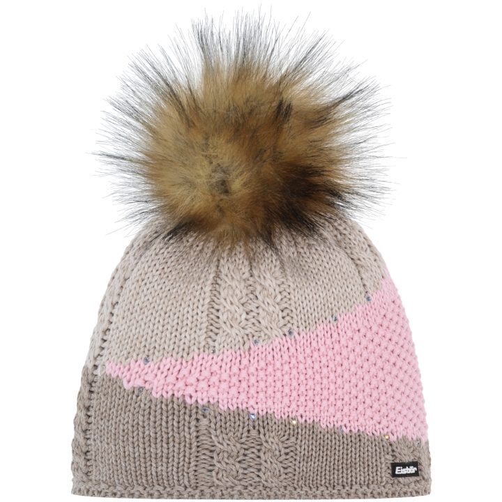 Luksusowa czapka Eisbar Eden Lux Crystal MÜ – wełna Merino, pompon ze sztucznego futra, kryształki, widok z przodu