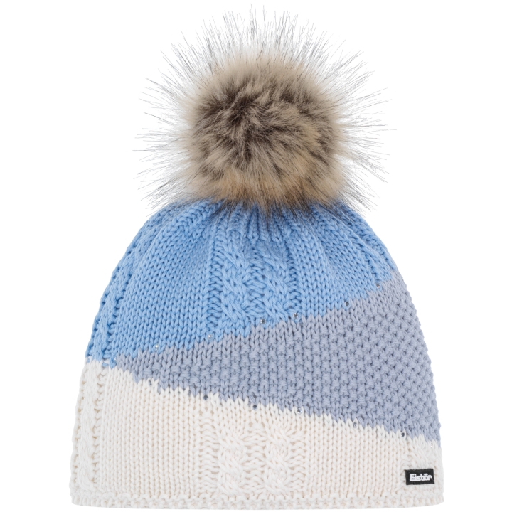 Luksusowa czapka Eisbar Eden Lux Crystal MÜ niebieska – wełna Merino, pompon, kryształki, widok z przodu