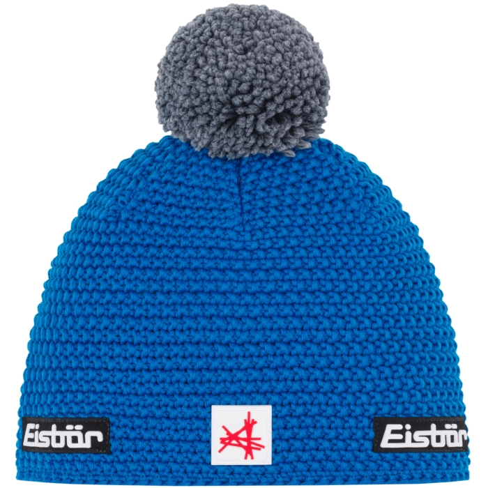 Czapka Eisbar Jamie Pompon MÜ SA niebieska – wełna Merino, logo Ski Austria, gruby splot