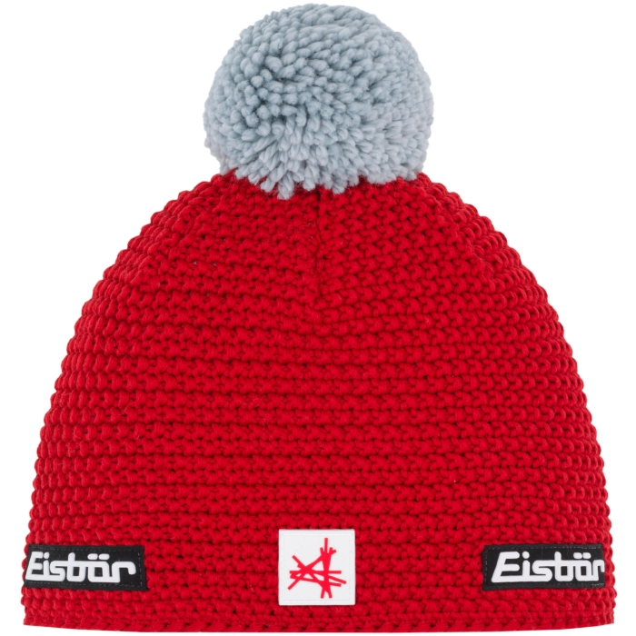 Czapka Eisbar Jamie Pompon MÜ SA czerwona – wełna Merino, logo Ski Austria, gruby splot