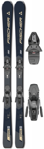 Damskie narty Fischer Aspire SLR PRO, widok całego zestawu (narty i wiązania), technologia Air Power i Fiber Tech.