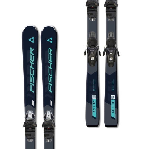 Detal: górna część damskich nart Fischer RC Lite SLR, widoczne wiązania RS9, kolor granatowo-biały.