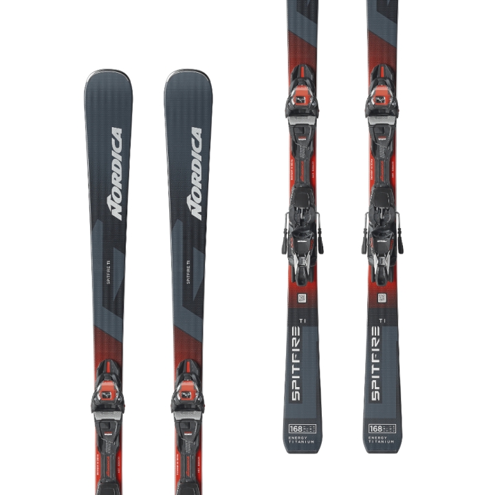 Para nart Nordica Spitfire TI (Energy TI) z wiązaniami TP2 LT11 FDT, widok z góry i z dołu, czarno-szaro-czerwony design.