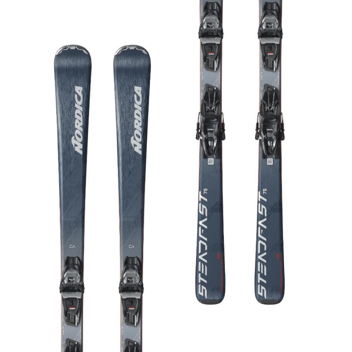 Para nart Nordica Steadfast 75 CA (Talia 75 mm) z wiązaniami TP2 COMP 10 FDT, widok z góry i z dołu, czarno-niebieski design.