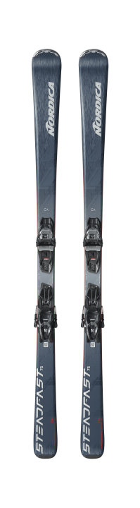Pełna para nart Nordica Steadfast 75 CA z wiązaniami, widok z góry, prezentacja All-Mountain.