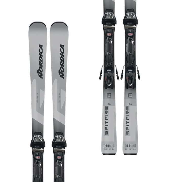 Para nart Nordica Spitfire CA R (Multi-Radius) z wiązaniami TP2 COMP 10 FDT, widok z góry i z dołu, biało-niebieski design.