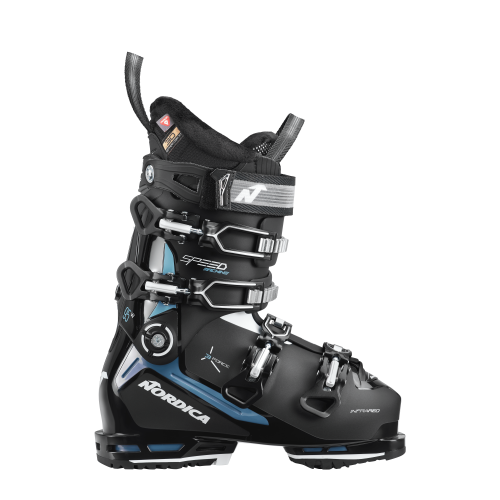 Damskie buty narciarskie Nordica Speedmachine 3 95 W GW (Flex 95) – widok boczny zewnętrzny, kolory czarny/jasnoniebieski/biały, prezentujący klamry.