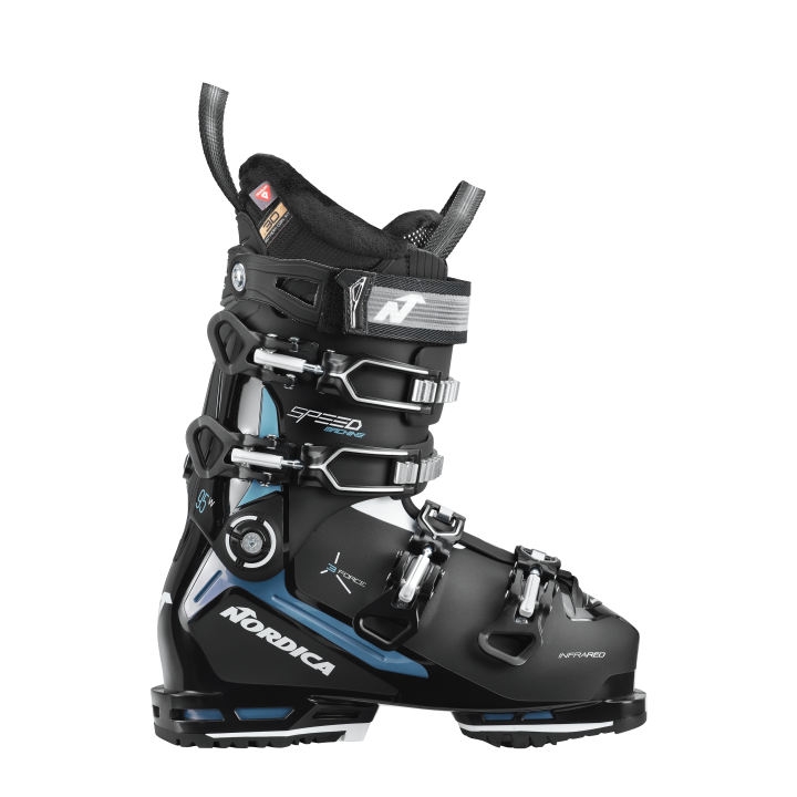 Damskie buty narciarskie Nordica Speedmachine 3 95 W GW (Flex 95) – widok boczny zewnętrzny, kolory czarny/jasnoniebieski/biały, prezentujący klamry.