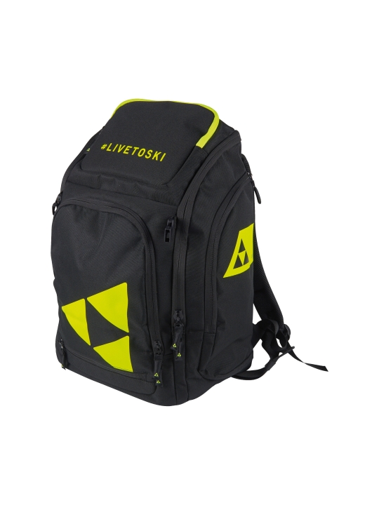 Plecak narciarski FISCHER SOFT BOOT HELMET BACKPACK ALP RACE 36L – widok boczny. Pojemność 36 litrów, wodoodporny spód, idealny na sprzęt i kask.