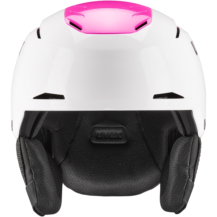 Kask narciarski UVEX Resolution SL z przodu. Profesjonalny model wyścigowy z biało-różowym matowym wykończeniem.