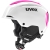 Wyścigowy kask narciarski UVEX Resolution SL Hardshell w kolorze biało-różowym. Widok z boku, z możliwością montażu gardy.