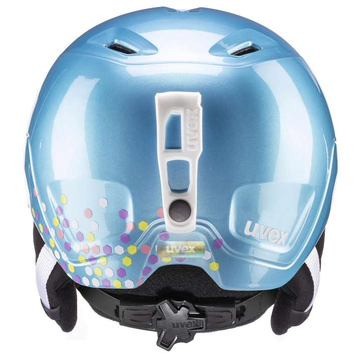 Tylny widok kasku UVEX Heyya Pro. Widoczne tylne otwory wentylacyjne i uchwyt na gogle.