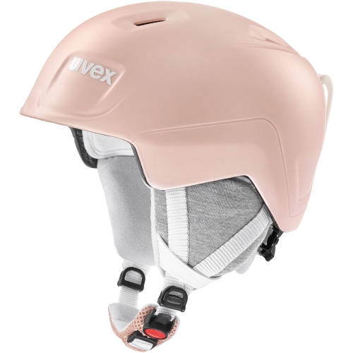 Kask narciarski dziecięcy UVEX Manic Pro Inmould Rosegold Mat. Widok z boku, lekka konstrukcja i technologia IAS.