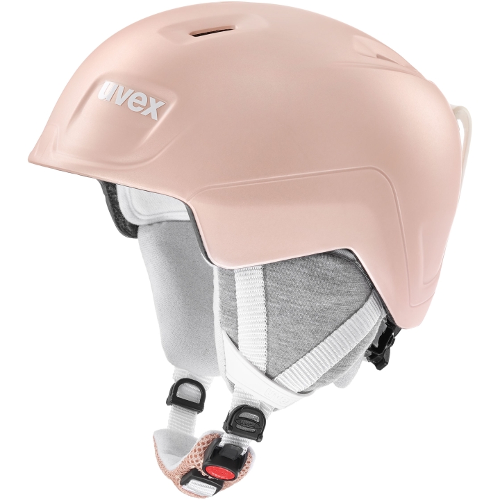 Kask narciarski dziecięcy UVEX Manic Pro Inmould Rosegold Mat. Widok z boku, lekka konstrukcja i technologia IAS.