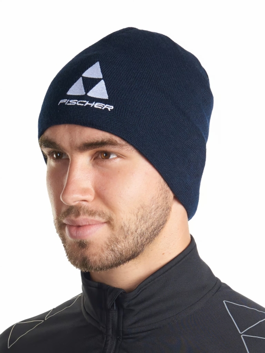 Czapka FISCHER MOUNTAIN BEANIE granatowa wełna Microfleece na modelu
