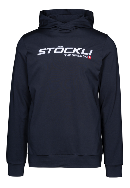 Czarna bluza Stöckli HOODY THE SWISS SKI, widok z przodu z kapturem i kieszeniami.
