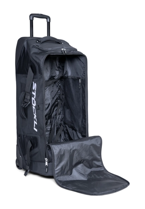 Otwarta walizka STOECKLI TORBA TROLLEY 130 L prezentująca dużą przestrzeń bagażową i wewnętrzne kieszenie organizacyjne.