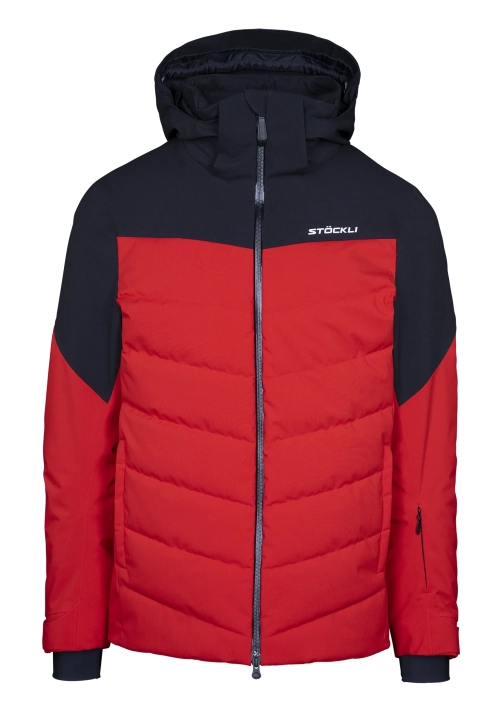 Męska kurtka narciarska STOECKLI SKI JACKET RACE w kolorach czerwonym i czarnym, widok z przodu.