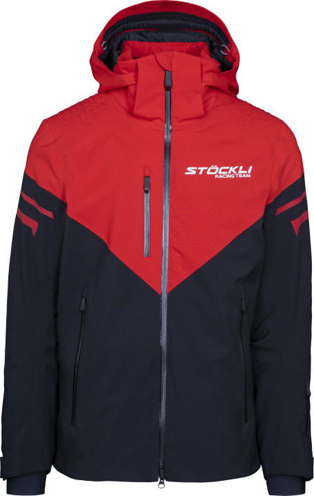 Męska kurtka narciarska STOECKLI SKI JACKET WRT w kolorach czerwonym i czarnym, z nadrukiem Racing Team na plecach.