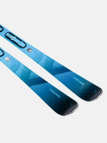 Zaawansowane technologicznie dzioby nart HEAD E-Super Joy z widocznym systemem tłumienia wibracji EMC.