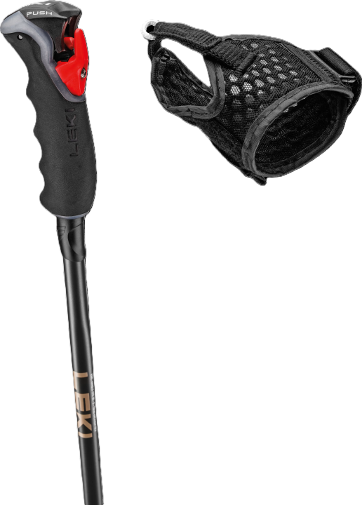 Innowacyjny system wypinania paska Trigger 3D w kijach narciarskich LEKI Artena Airfoil dla kobiet.
