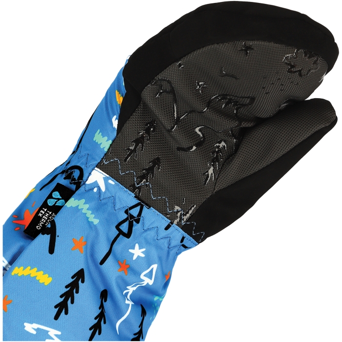 Antypoślizgowy chwyt w niebieskich rękawicach Viking Snoppy Kids ułatwia dziecku trzymanie sanek lub kijków.