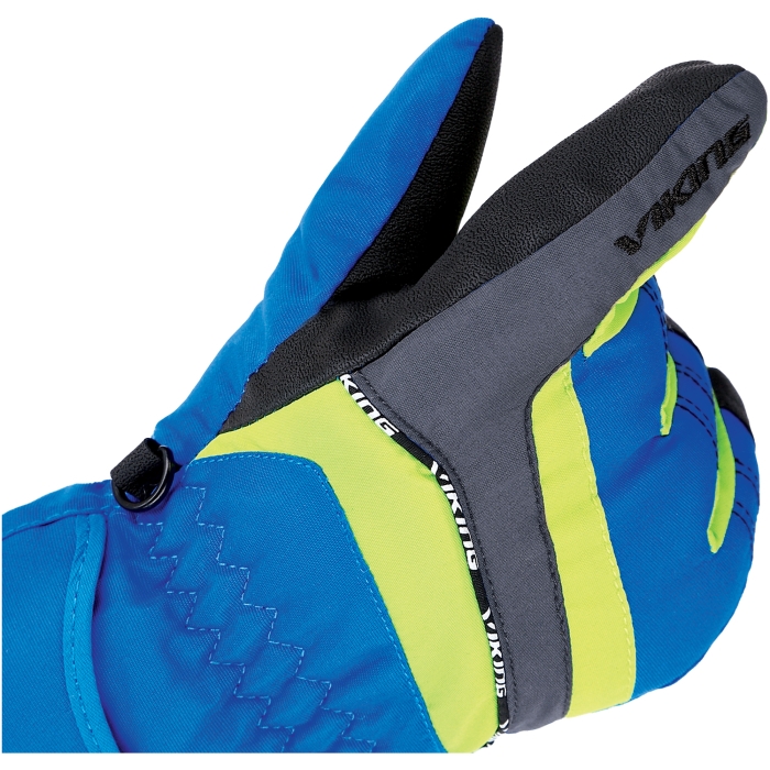 Dziecięce rękawice zimowe Viking z systemem ściągaczy zabezpieczających przed śniegiem i logo marki na mankiecie.