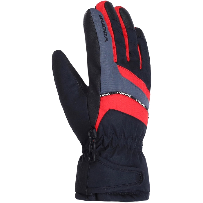 Klasyczne dziecięce rękawice narciarskie Viking Kid Kids w kolorystyce czarno-czerwonej z widocznym mankietem ochronnym.