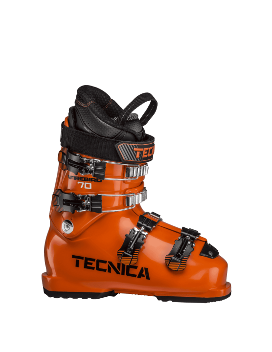 Profesjonalne buty narciarskie Tecnica Firebird 70 Ultra Orange z czterema aluminiowymi klamrami i solidną skorupą PU.