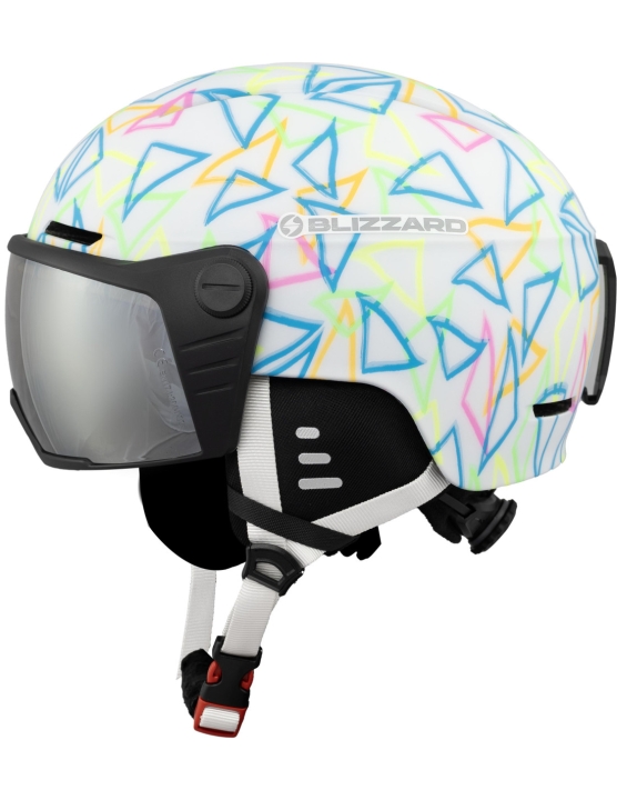 Juniorska ochrona głowy Blizzard Flash Visor Junior Ski Helmet z nowoczesną szybą i kolorową grafiką.